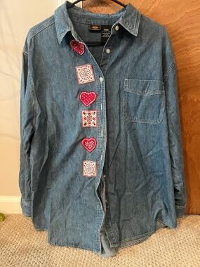 Vintage Embroidered Denim Heart Button Down